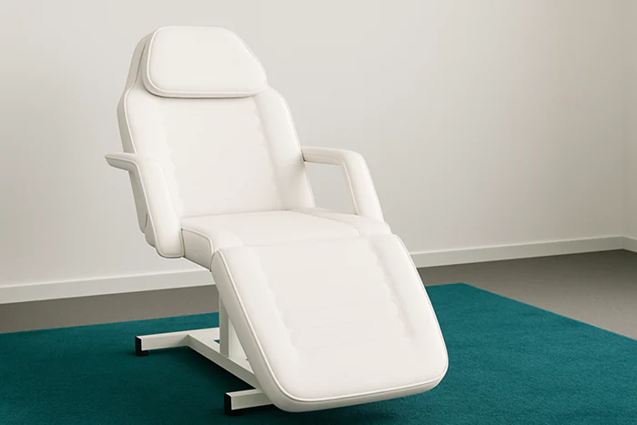 Fauteuil de soin blanc inclinable pour séances d’hypnose ou de Reiki dans un cadre apaisant