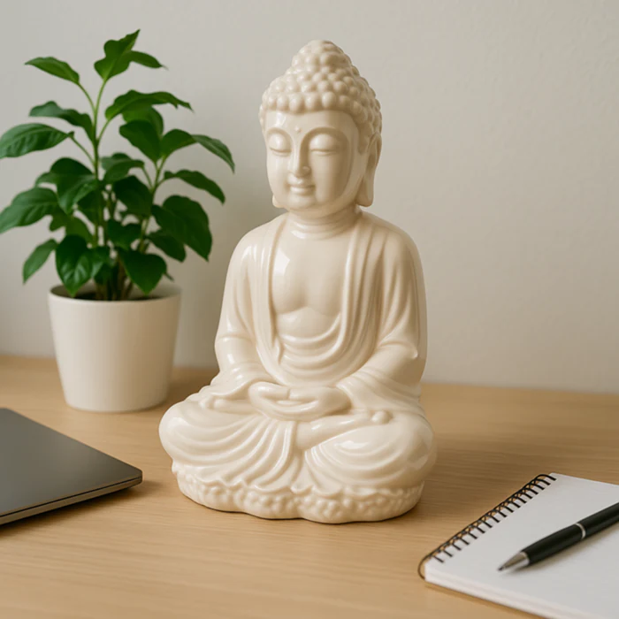 Statuette de Bouddha sur un bureau avec plante verte, carnet et ordinateur dans une ambiance zen