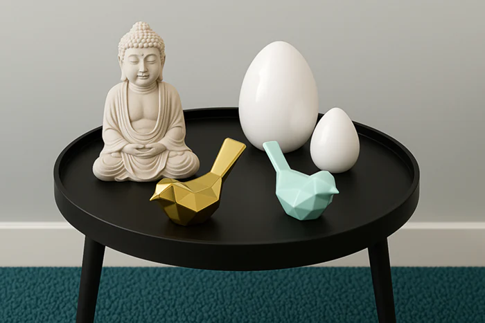 Statuette de Bouddha et objets décoratifs symboliques posés sur une table ronde noire dans le cabinet