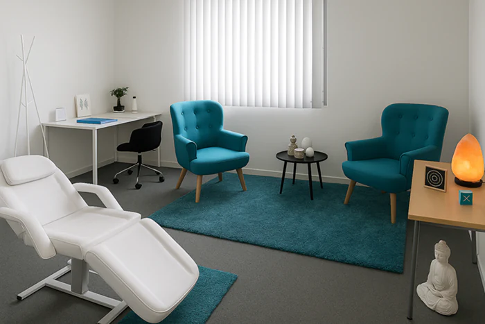 Vue d’ensemble du cabinet de Nicole Pages avec fauteuil de soin, espace d’échange, bureau et décoration zen